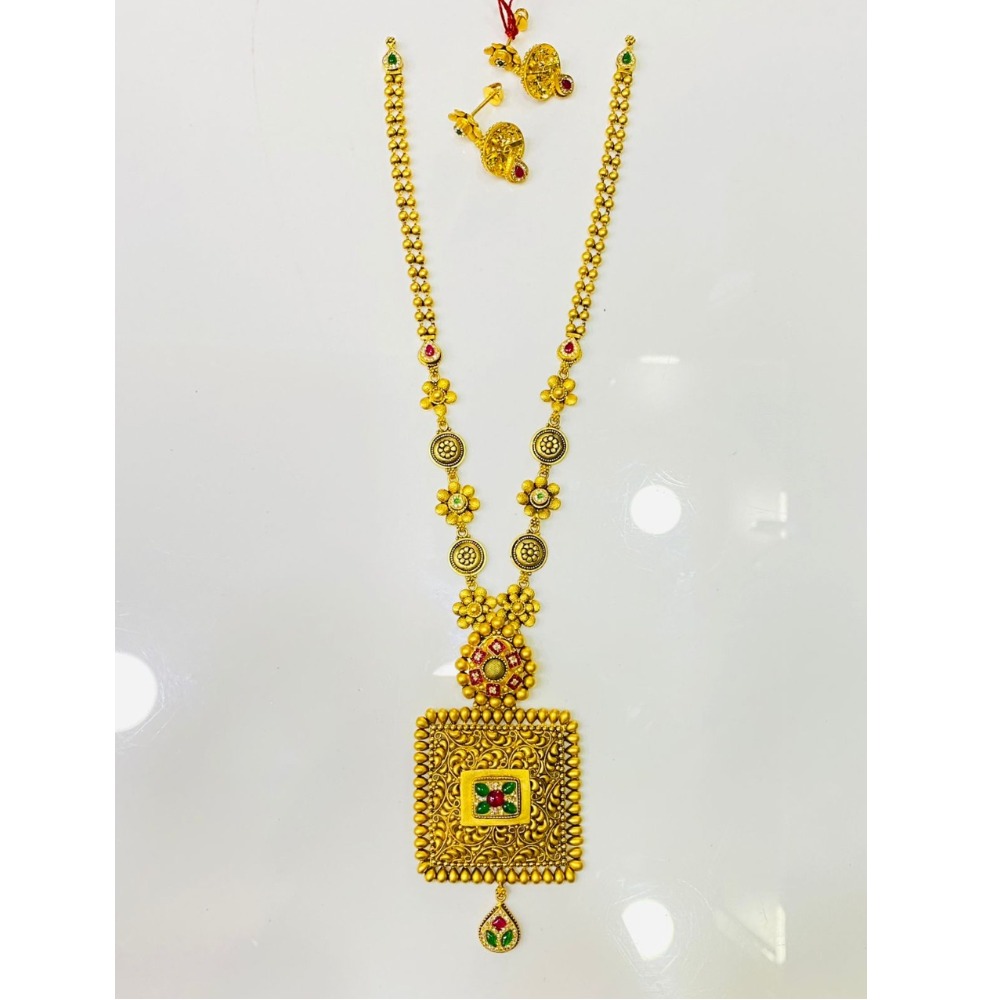 22KT Gold Antique Square Design Long Necklace Set - Image 2