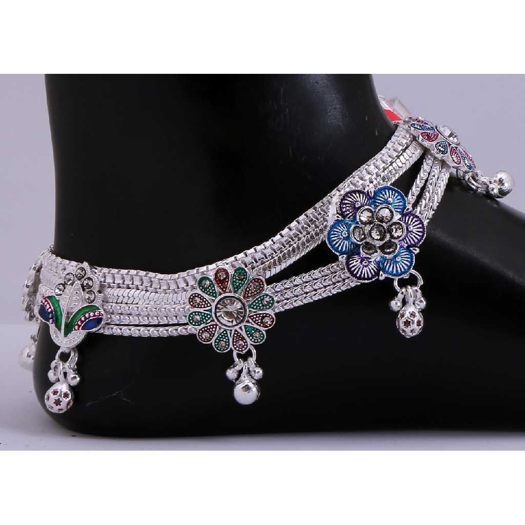 Attractive Flower Design Silver Anklet - Image 2