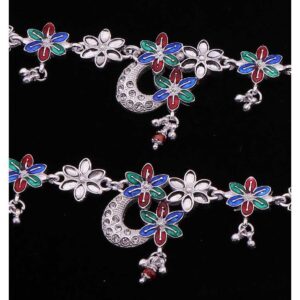Flower Shape Colorful Silver Antique Payal