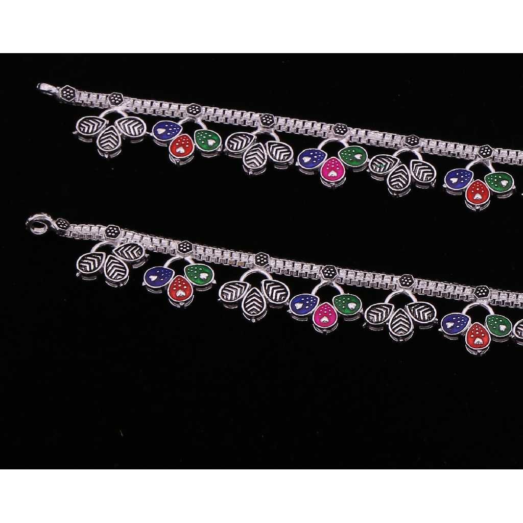 Colorful Floral Silver Ladies Payal - Image 2