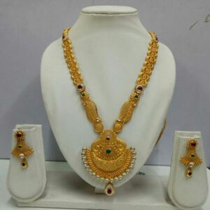 22KT Antique Gold Red And Green Stoned Necklace Set