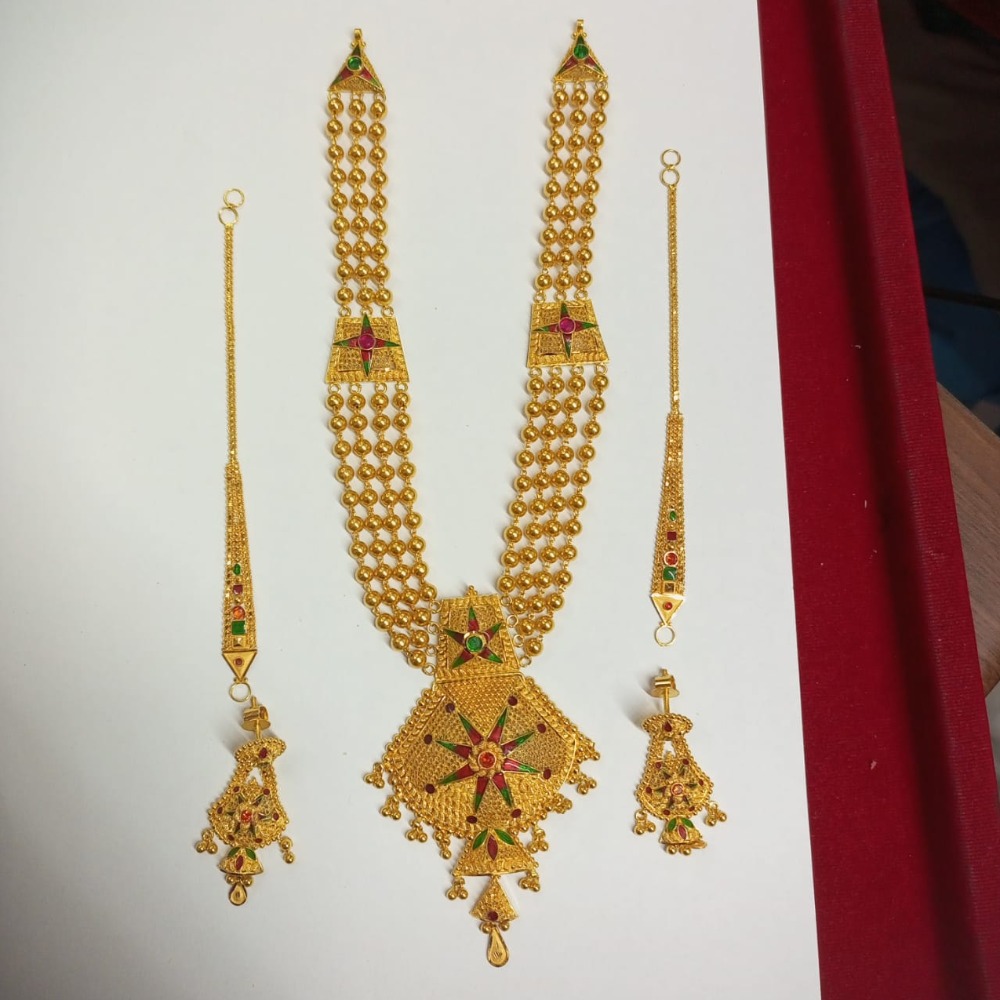 916 Gold Kalkatti Design Bridal Necklace Set With Earchain - Image 2