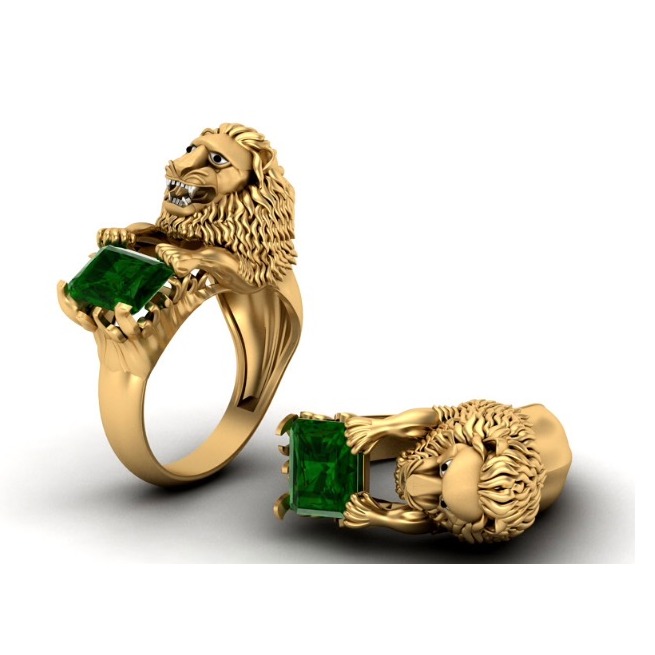 22KT Gold Green Stone Lion Design Ring For Men SO-GR004