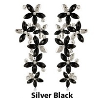 American Diamond Floral Dangler Earrings Silver Black