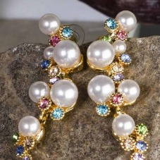 Crystal Elements Gold Plated Multicolor Pearl Drop Earrings
