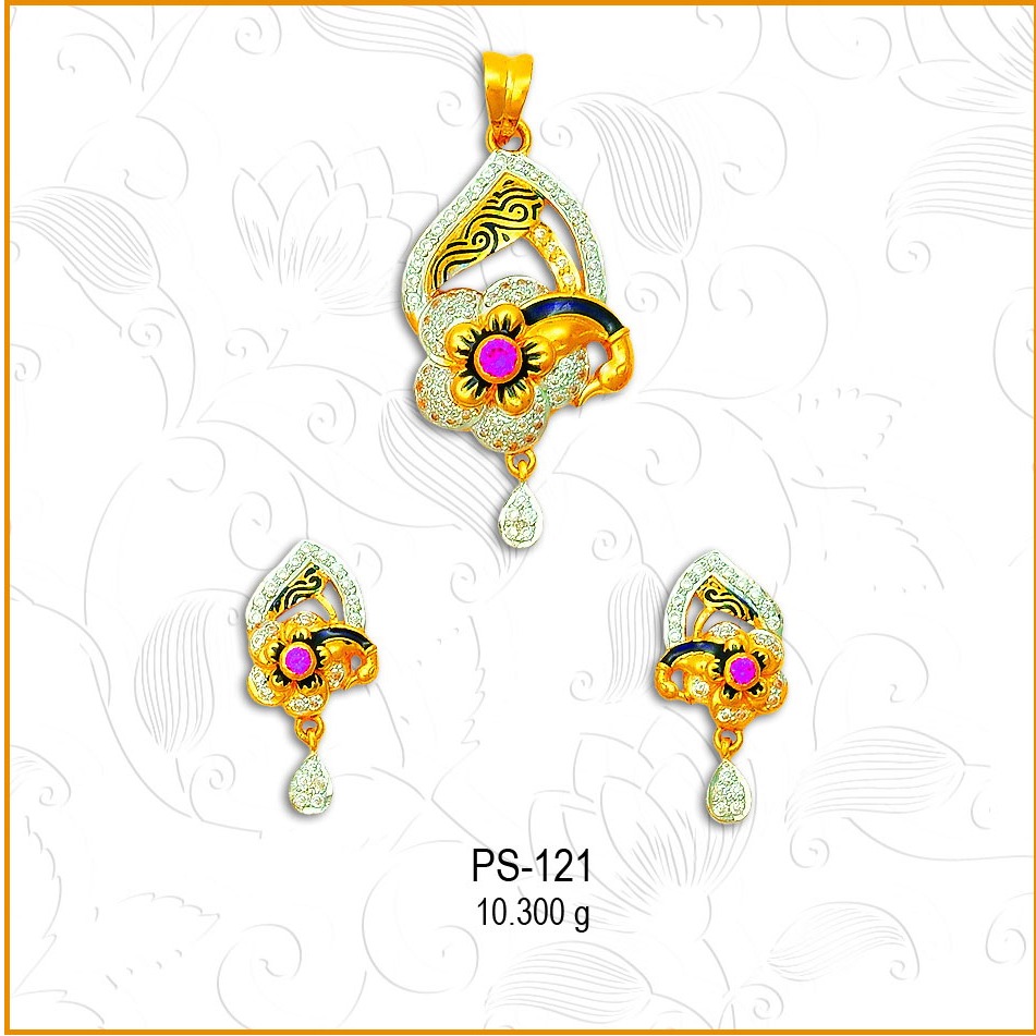 916 Gold Flower Design CZ Pendant Set PS-121
