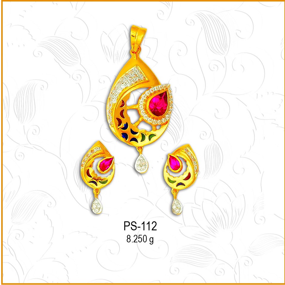 916 Gold Colourful CZ Pendant Set PS-112