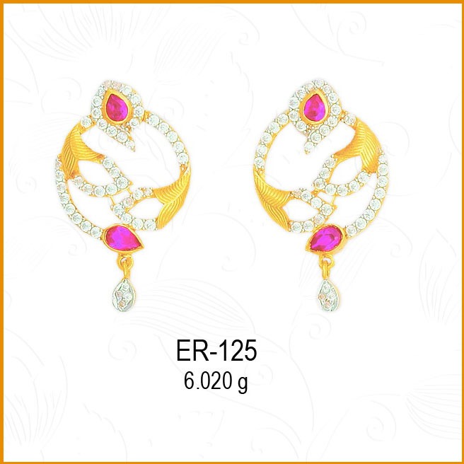 916 Gold CZ Fancy Round Earring With Pink Stone ER-125