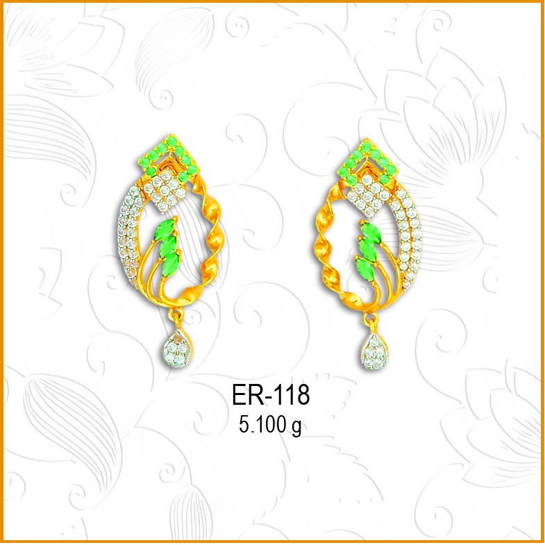 916 Gold CZ Leaf Shape Earring With Green Diamonds ER-118