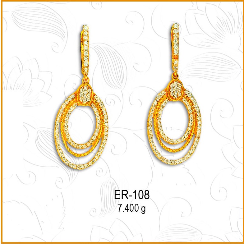 916 CZ Gold Three Layer Oval Shape Earring ER-108
