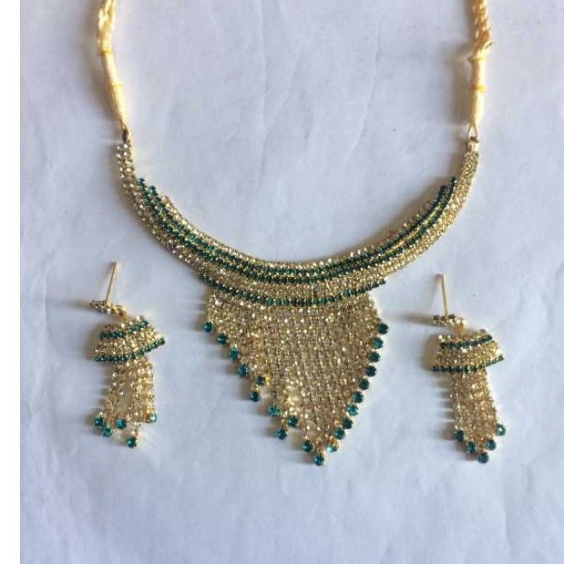 Fancy Indian Brass Green Diamond Necklace set