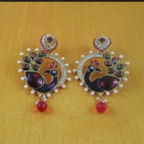 Brass Indian Yellow Peacock Shaped Fancy Earrings