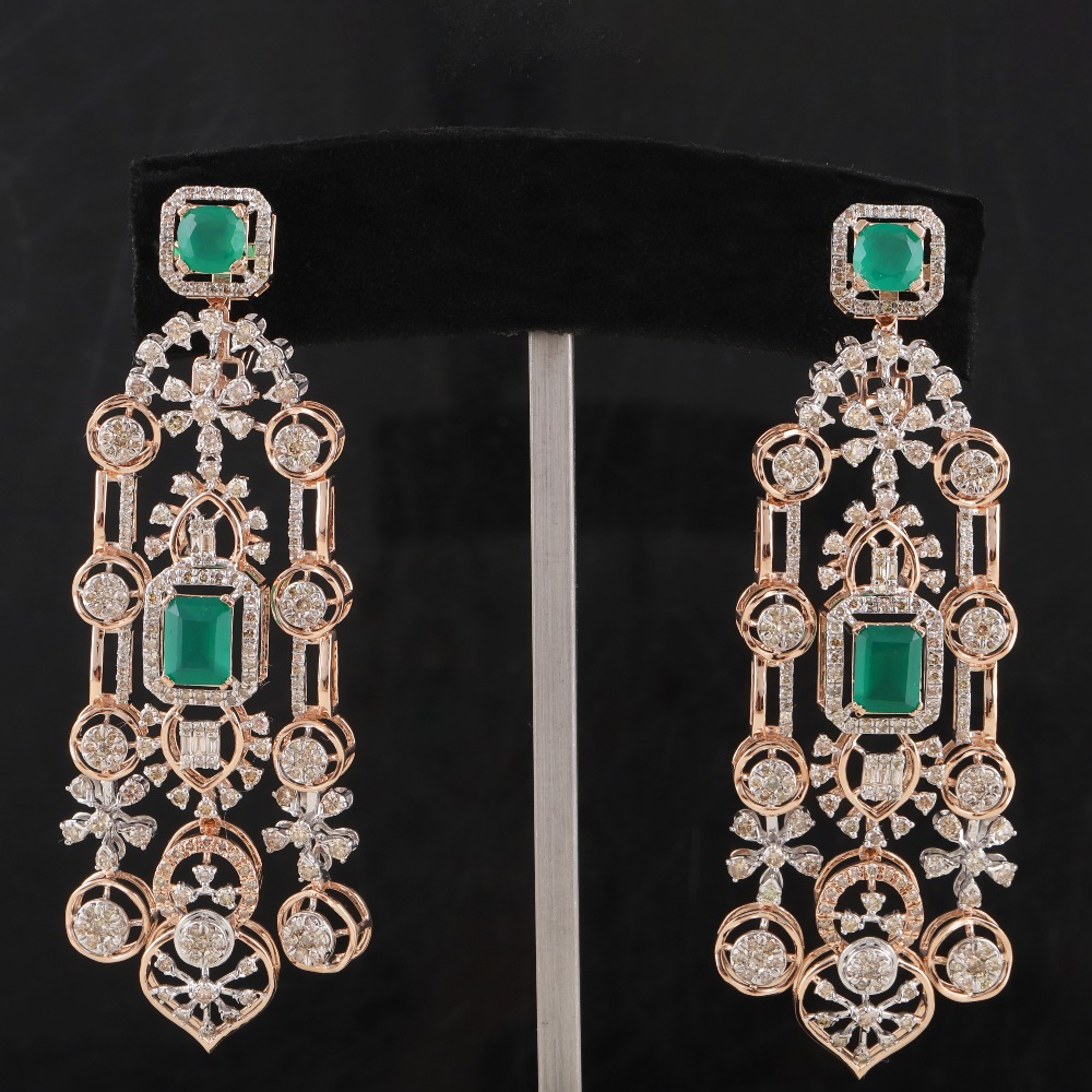 18kt rose gold green stone diamond fancy earrings
