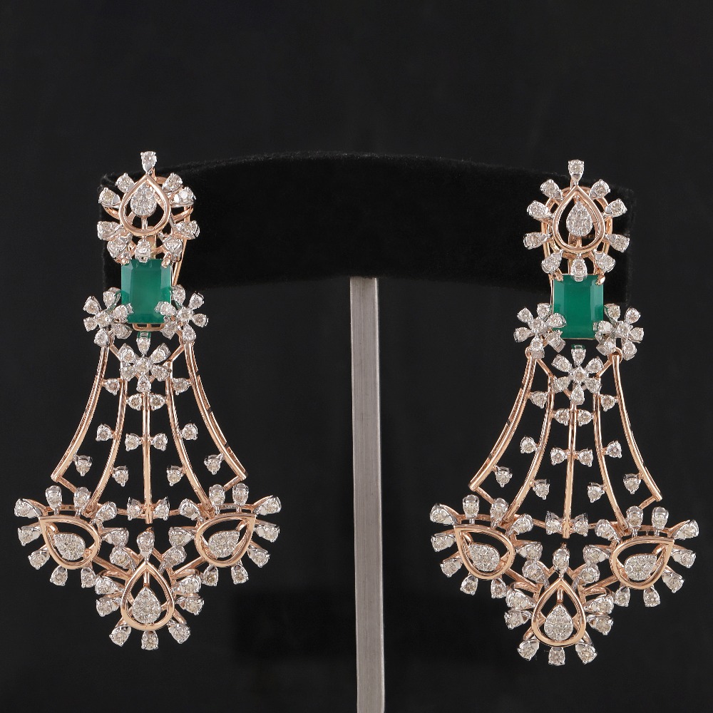 18kt rose gold green stone drop shaped diamond earrings