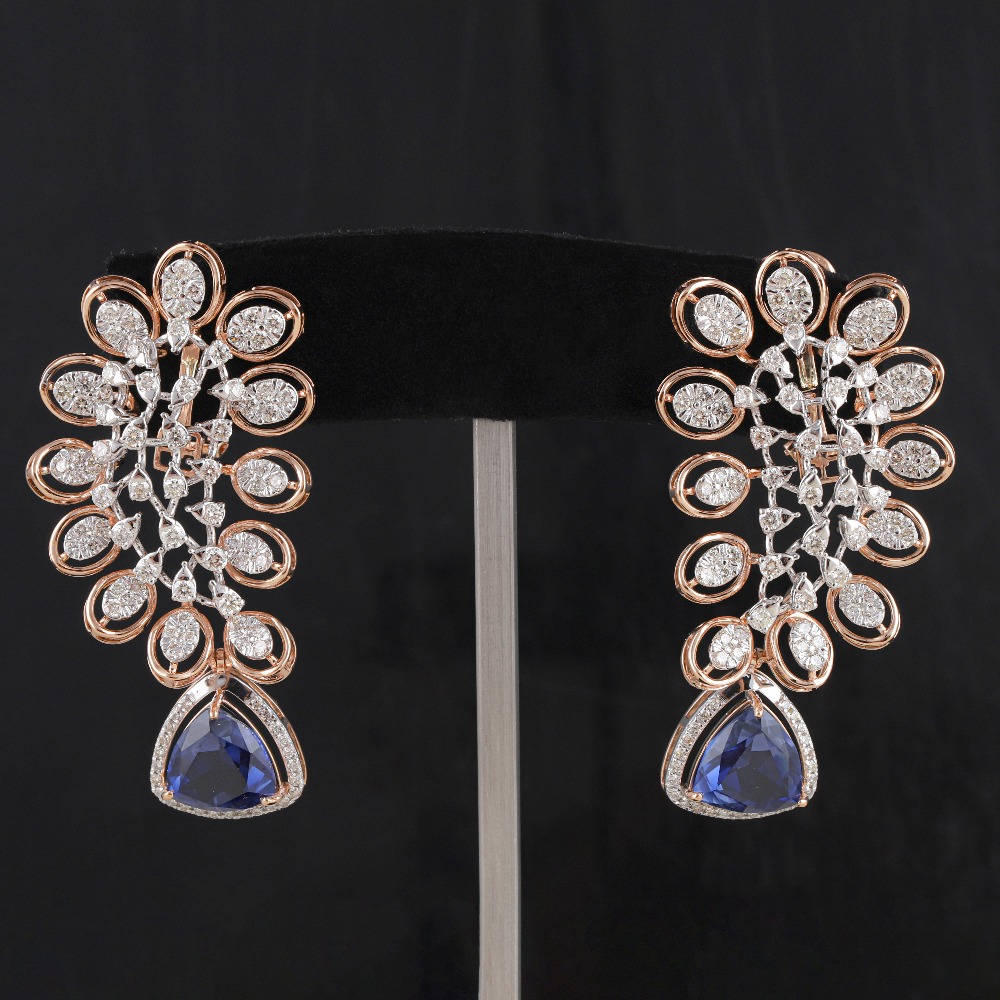 18kt rose gold blue stone diamond round shaped earrings