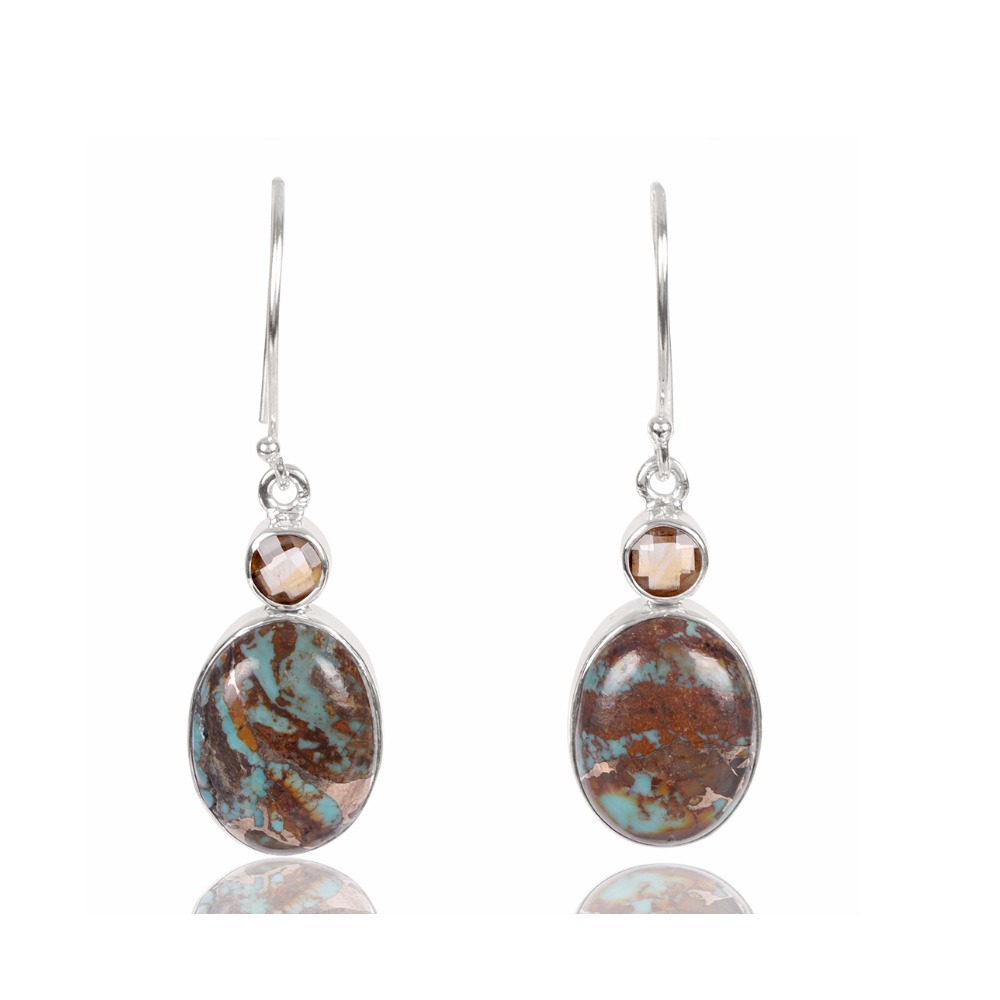 Natural Boulder Turquoise And Citrine Gemstone 925 Sterling Sliver Earring