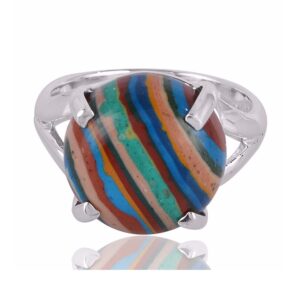 Rainbow Calsilica Gemstone 925 Sterling Silver Ring