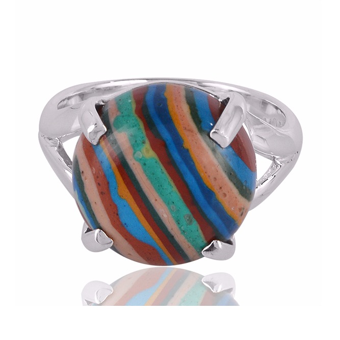 Rainbow Calsilica Gemstone 925 Sterling Silver Ring - Image 2