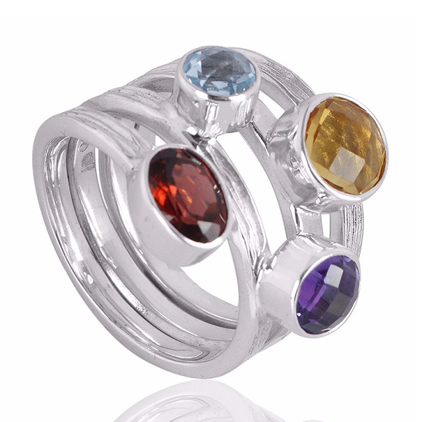 Amethyst Citrine Garnet And Sky Blue Topaz Gemstone 925 Sterling Silver Ring - Image 2