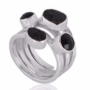 Black Onyx With Tektite Gemstone 925 Sterling Silver Ring