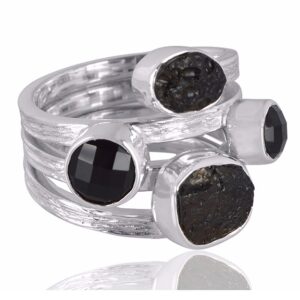 Black Onyx With Tektite Gemstone 925 Sterling Silver Ring