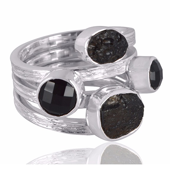 Black Onyx With Tektite Gemstone 925 Sterling Silver Ring