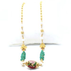 22KT / 916 Gold Fancy 3 line Green Stone Mala With White Moti For Ladies CHG310