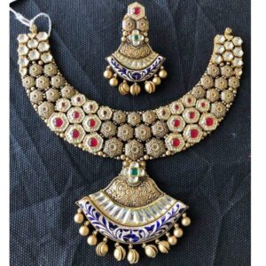 916 Gold Antique ruby with blue meenakari Necklace Set