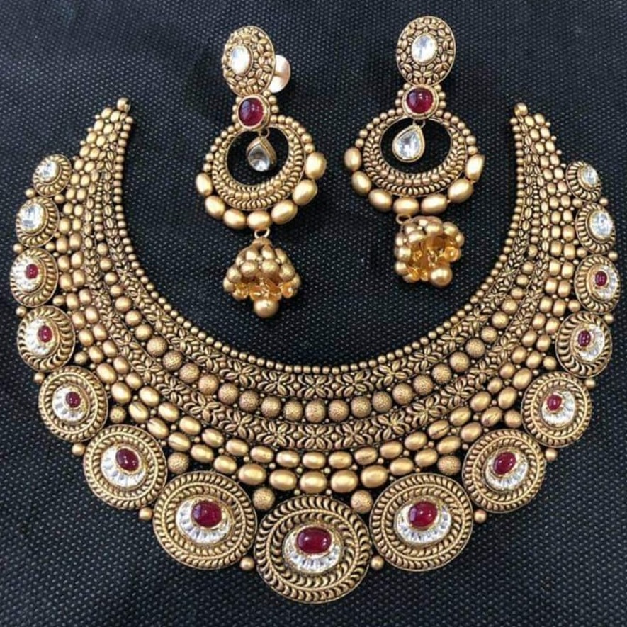 916 gold antique with ruby stone bridal necklace set