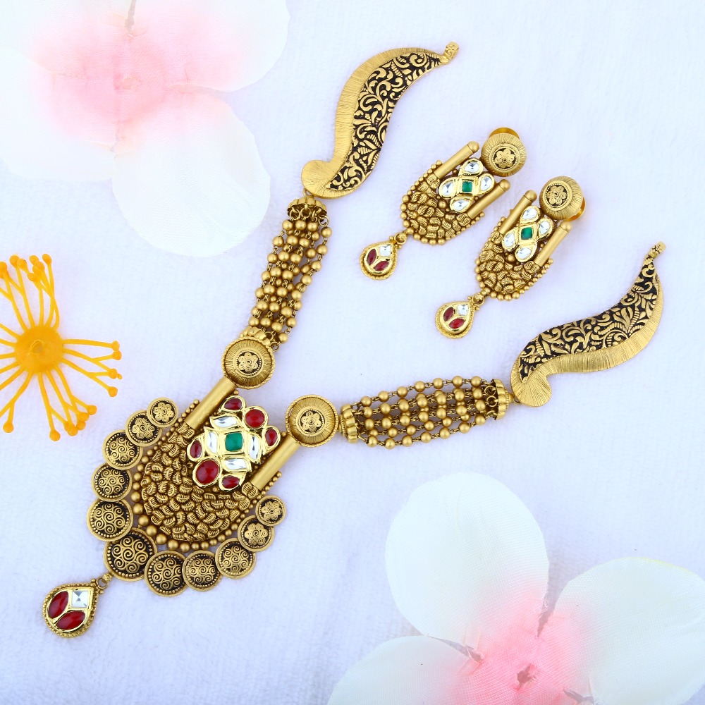 916 Gold Antique Jadtar Necklace Set STG - 0087