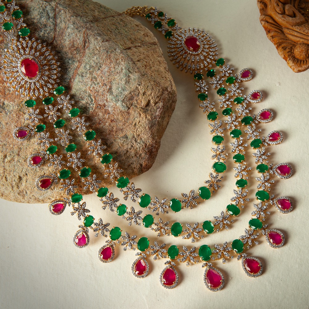 Gold 3 Layer Diamond Necklace Set
