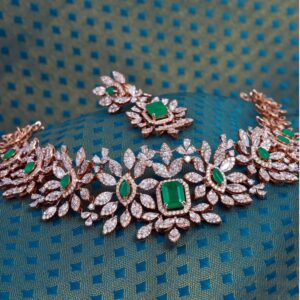 Designer Floral Design Green Stone Diamond Necklace Set