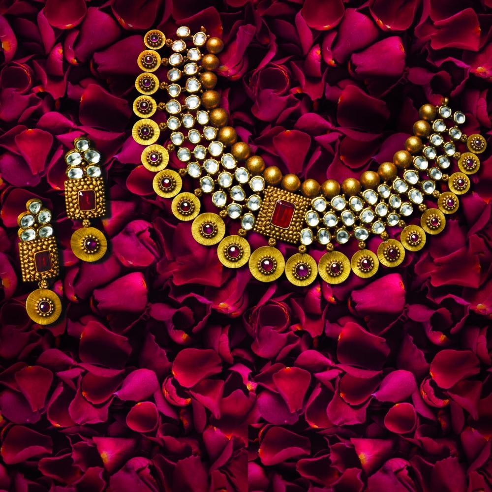 916 Gold Antique Polki Necklace Set