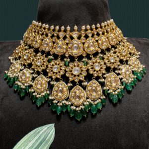 22K Gold Green Pearl Jadau Necklace Set For Wedding