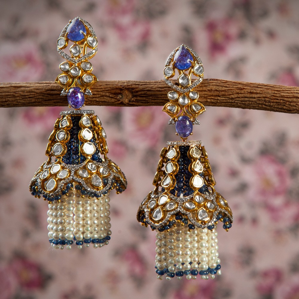 916 Gold Hanging Blue Stone Earrings