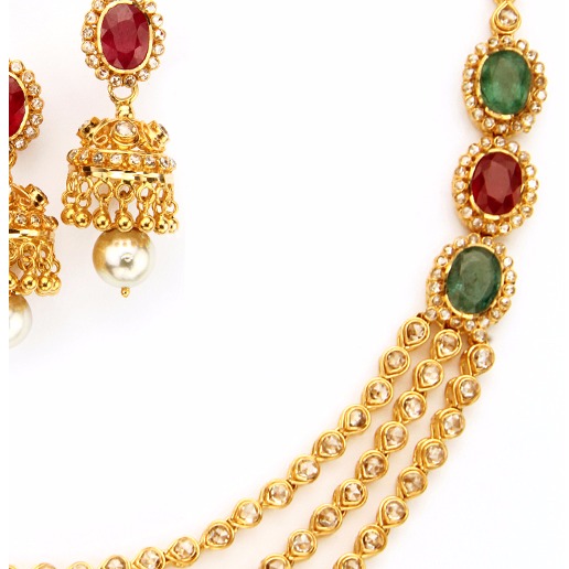 22K Gold Necklace & Drop Earrings Set with Uncut Diamonds,Rubies,Emeralds & South Sea Pearls