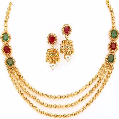 22K Gold Necklace & Drop Earrings Set with Uncut Diamonds,Rubies,Emeralds & South Sea Pearls