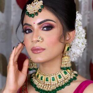 gold plated pachhi kundan green beads hangings nackless