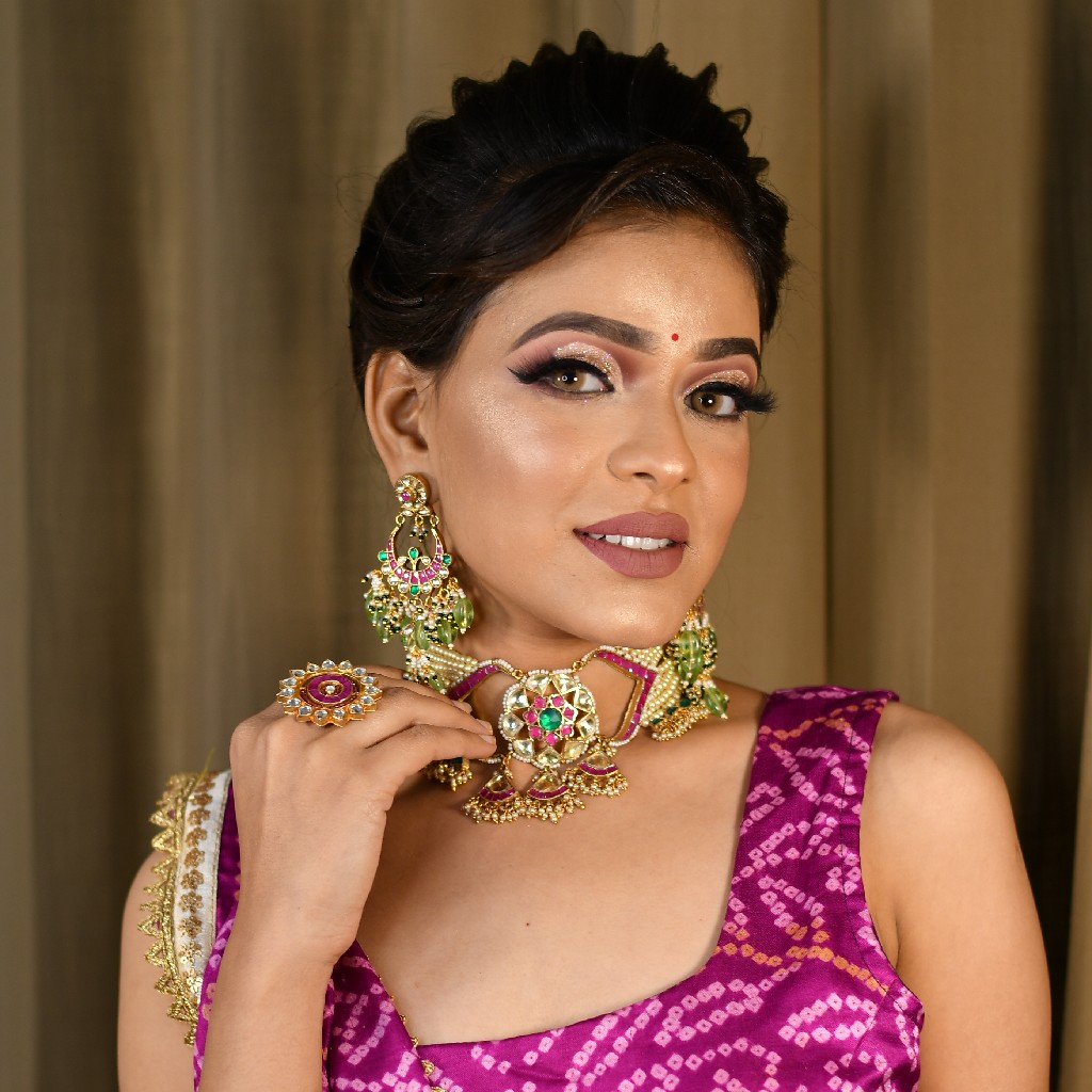 Gold plated pearls and pachhi kundan pink choker nackless