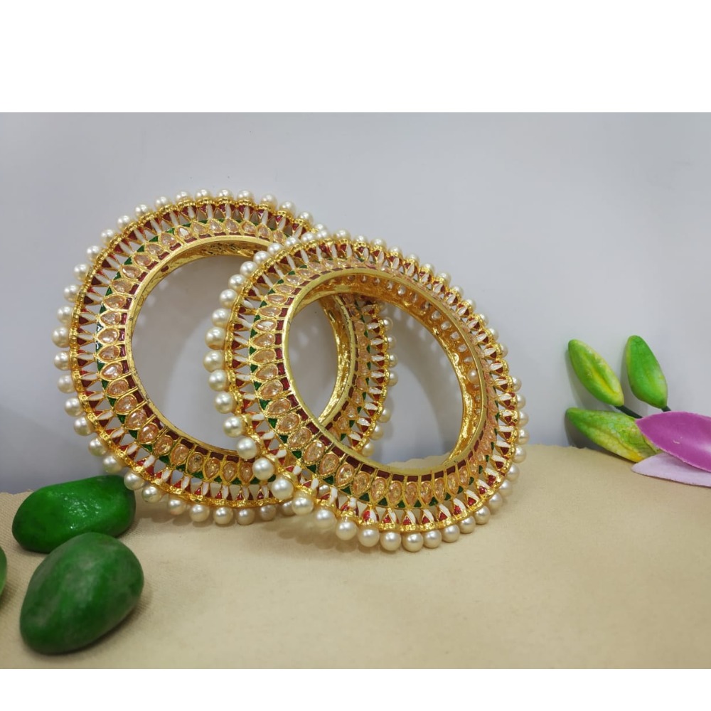 Gold plated traditional stone & pearl studded kada 2000