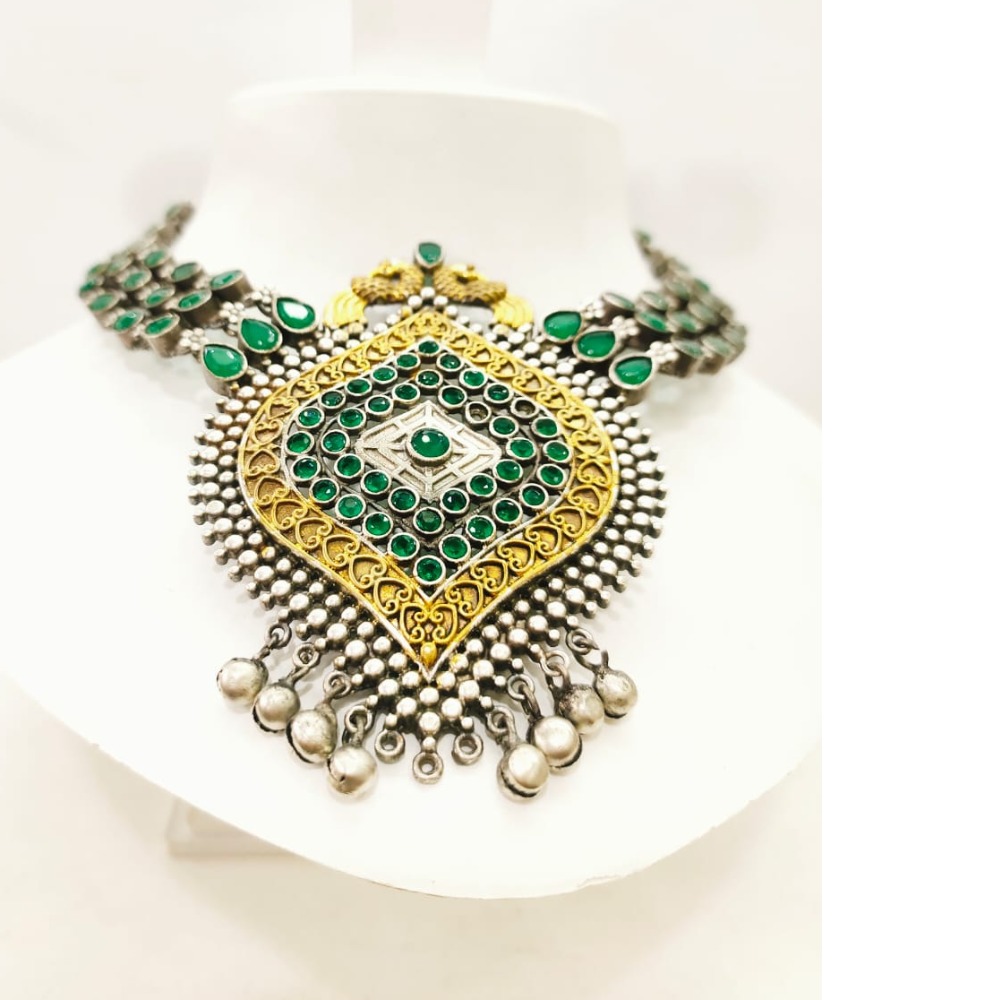 Emerald work with gold plated antique peacock design necklace set 1651