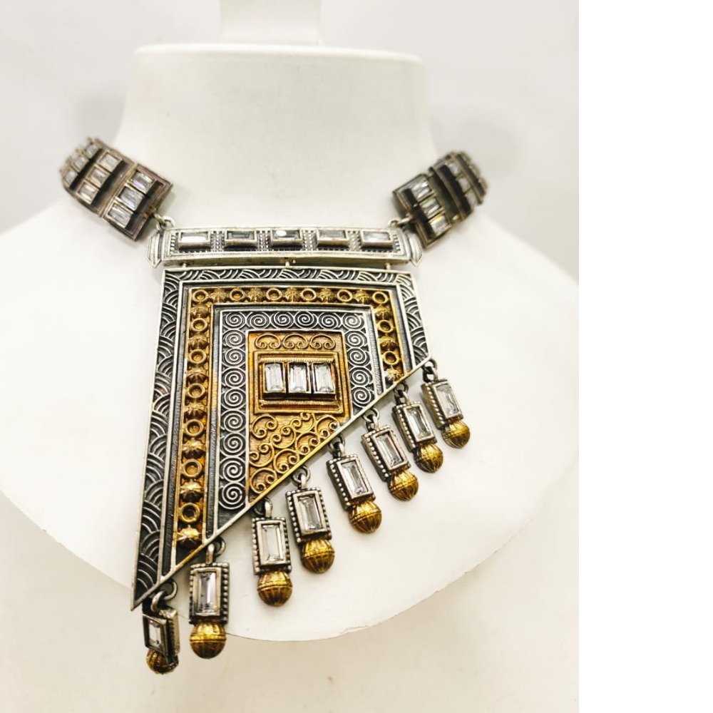 Antique Oxidised Silver with hanging gold plated moti necklace set 1650