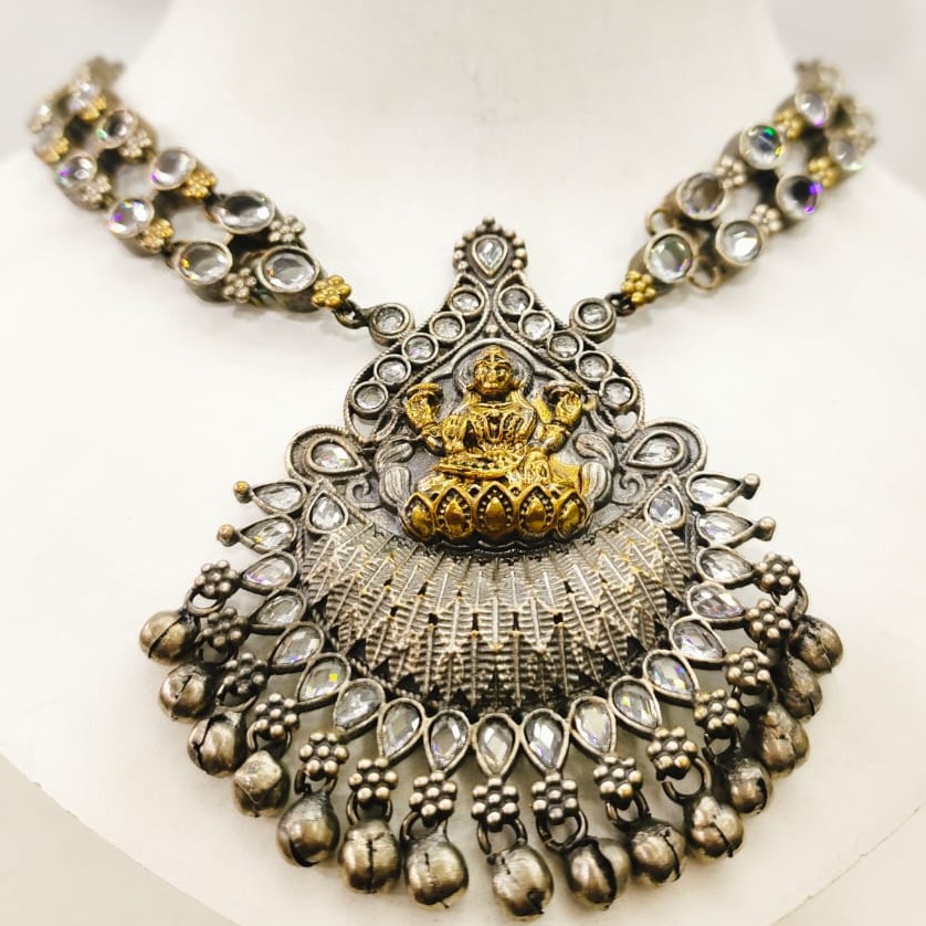 Temple Oxidised Silver Jewel choker with kundan work necklace set 1649