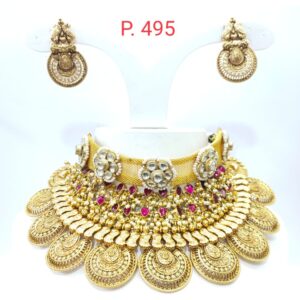Antique Gold polish Bridal Choker set with pink stone 1637