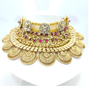 Antique Gold polish Bridal Choker set with pink stone 1637