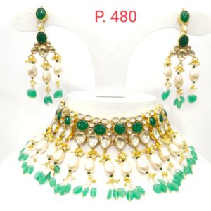 Choker kundan work emerald and white moti necklace set 1614