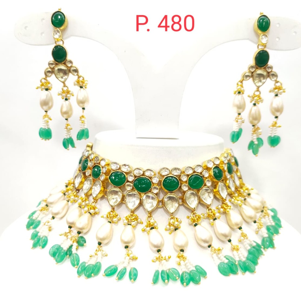 Choker kundan work emerald and white moti necklace set 1614 - Image 3