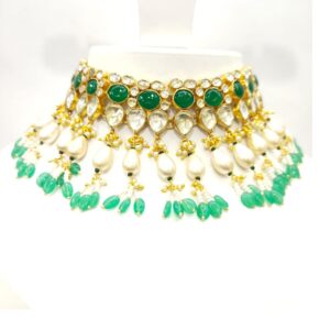 Choker kundan work emerald and white moti necklace set 1614