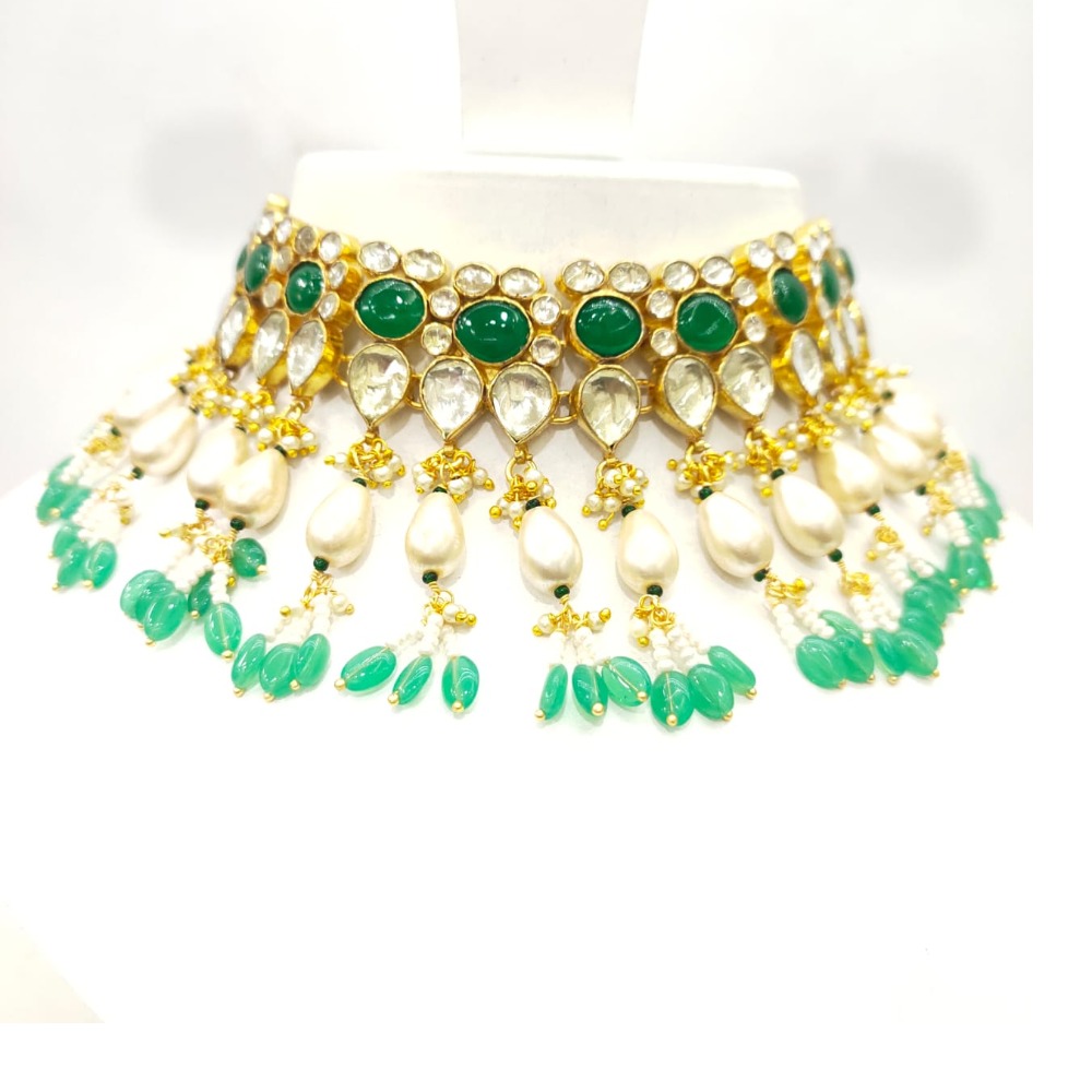 Choker kundan work emerald and white moti necklace set 1614