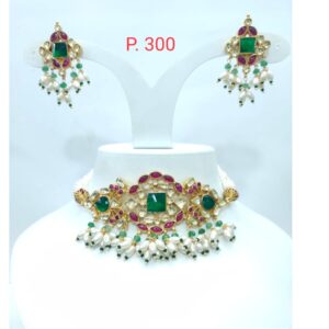 Flower designing with kundan work with hanging white moti necklace set 1612